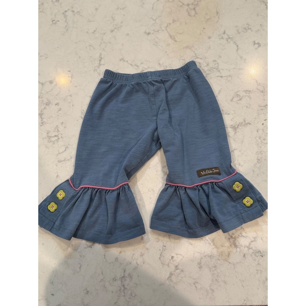 64. Matilda Jane Magic Me Big Ruffle Blue Ruffled  Leggings Pink Trim 6-12M